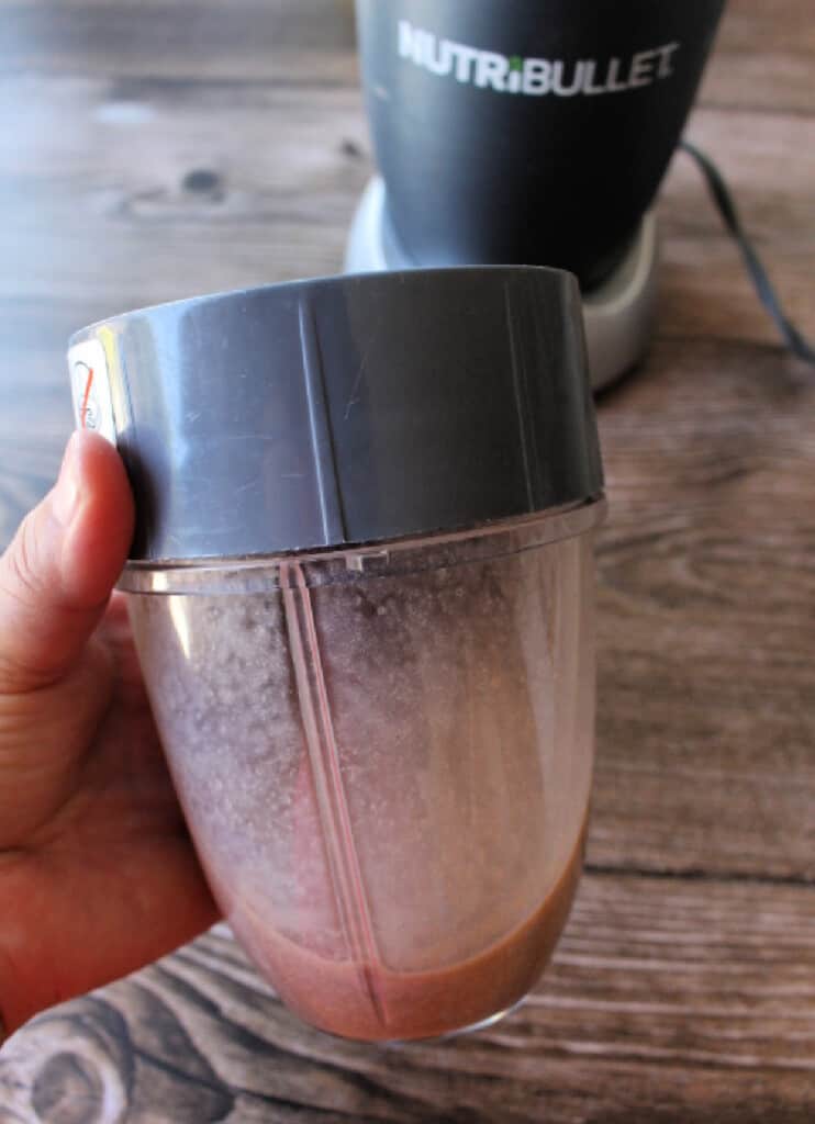 A Nutribullet smoothie blender with Mexican chocolate.
