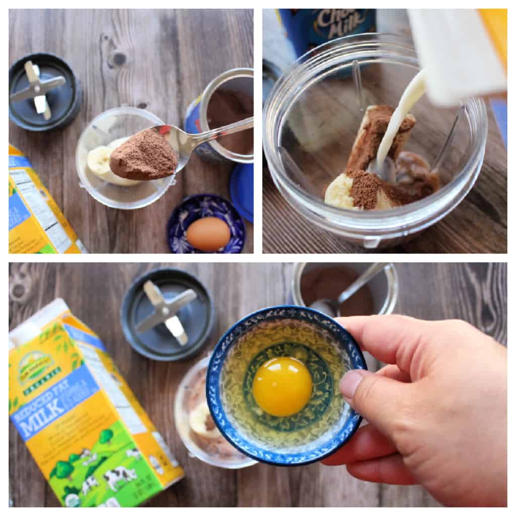 A collage showing how to make the chocomil drink.