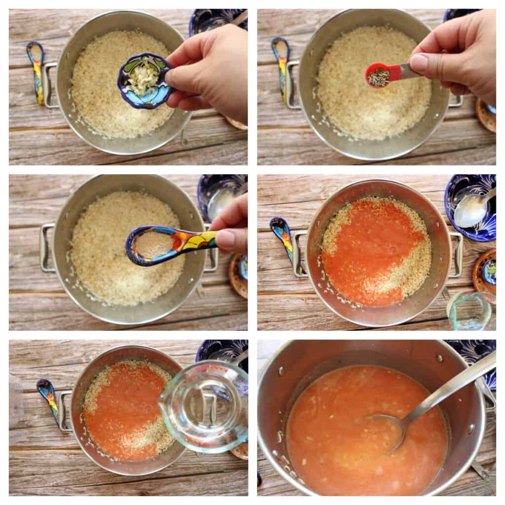 A collage showing how to cook Mexican rice.