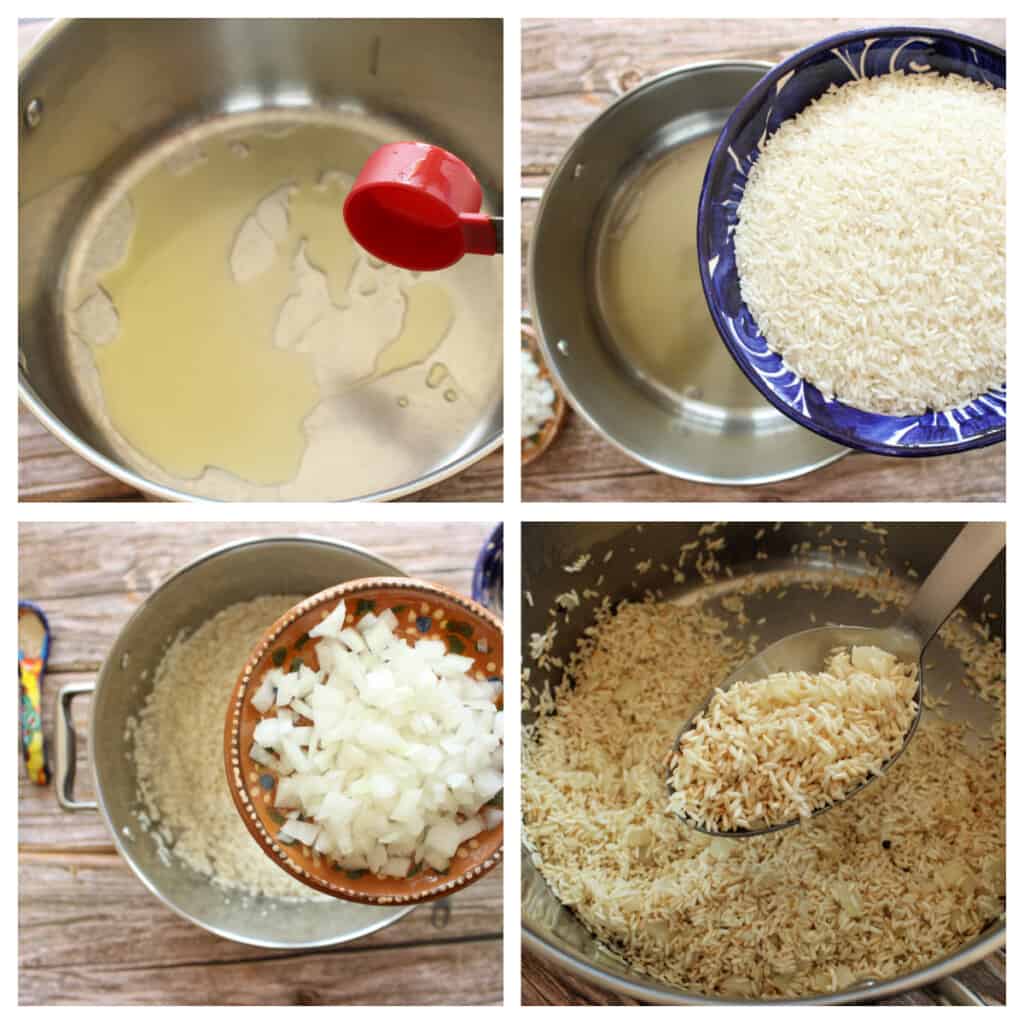 A collage showing how to toast rice in a stock pot.