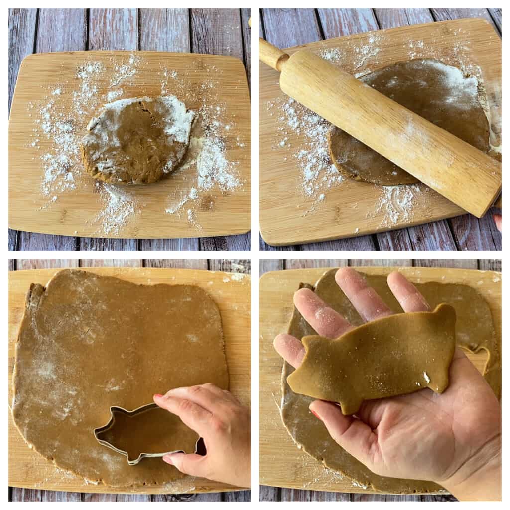 A collage showing how to roll out and cut out the marranitos using the piggy cookie cutter.