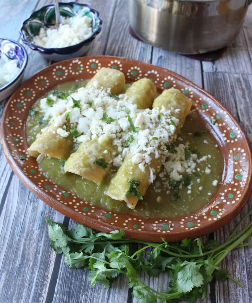 Enchiladas Verdes served on a decorative clay plate and topped with cheese and cilantro.