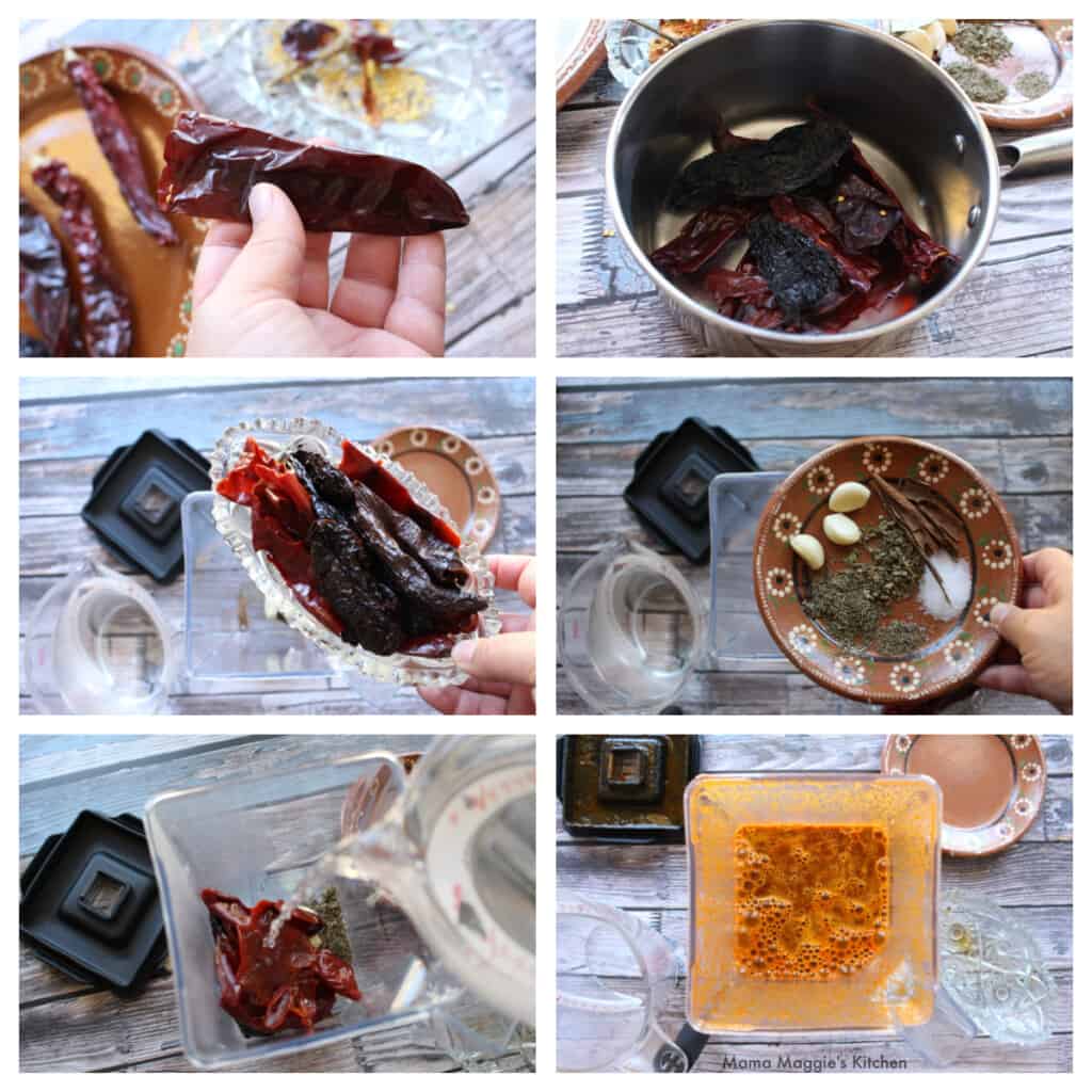 A collage showing how to make birria sauce.