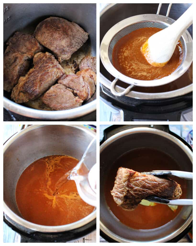 A collage showing how to make birria in the instant pot.