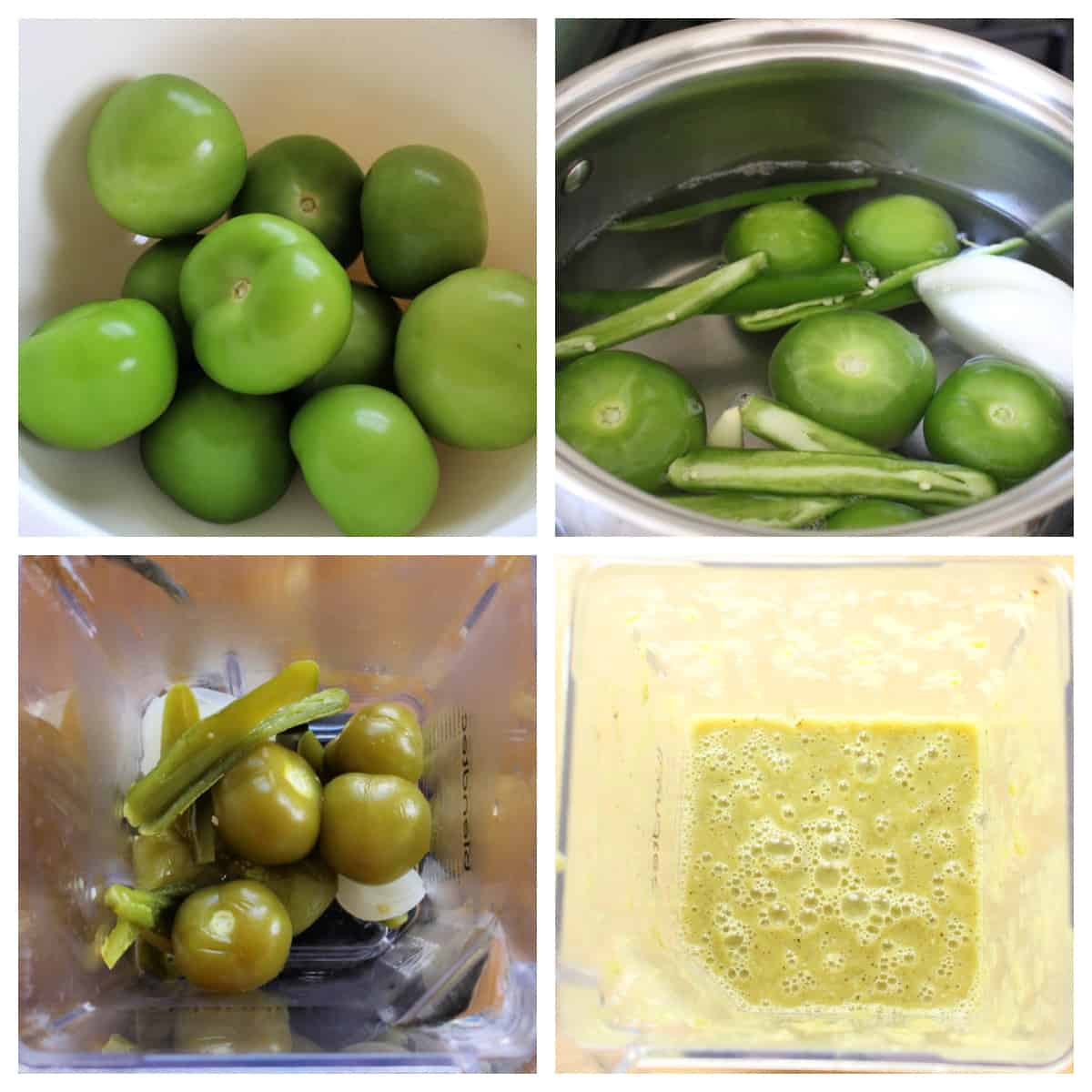 A collage showing how to make salsa verde.