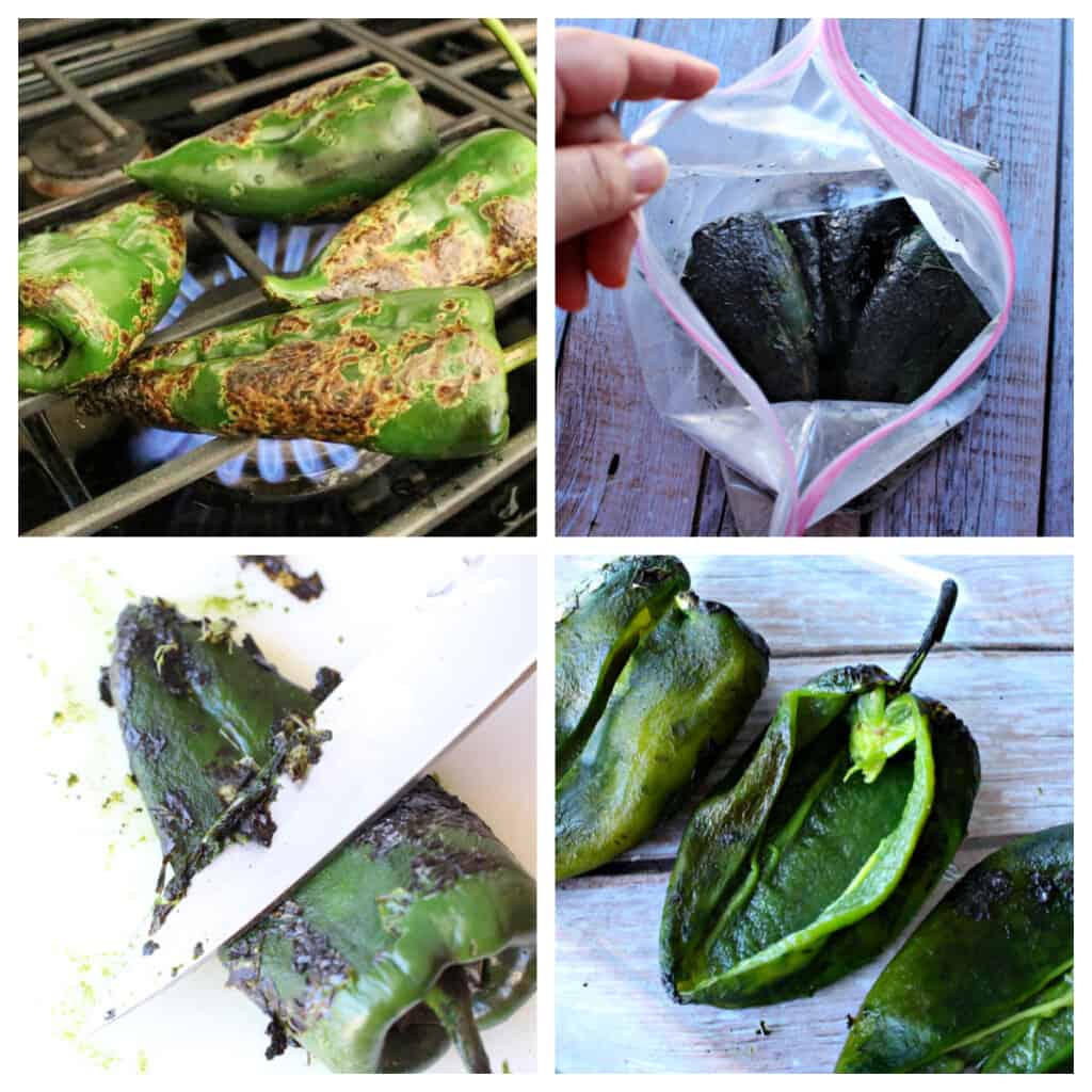 A collage showing how to roast, peel, and remove the seeds from poblano peppers.