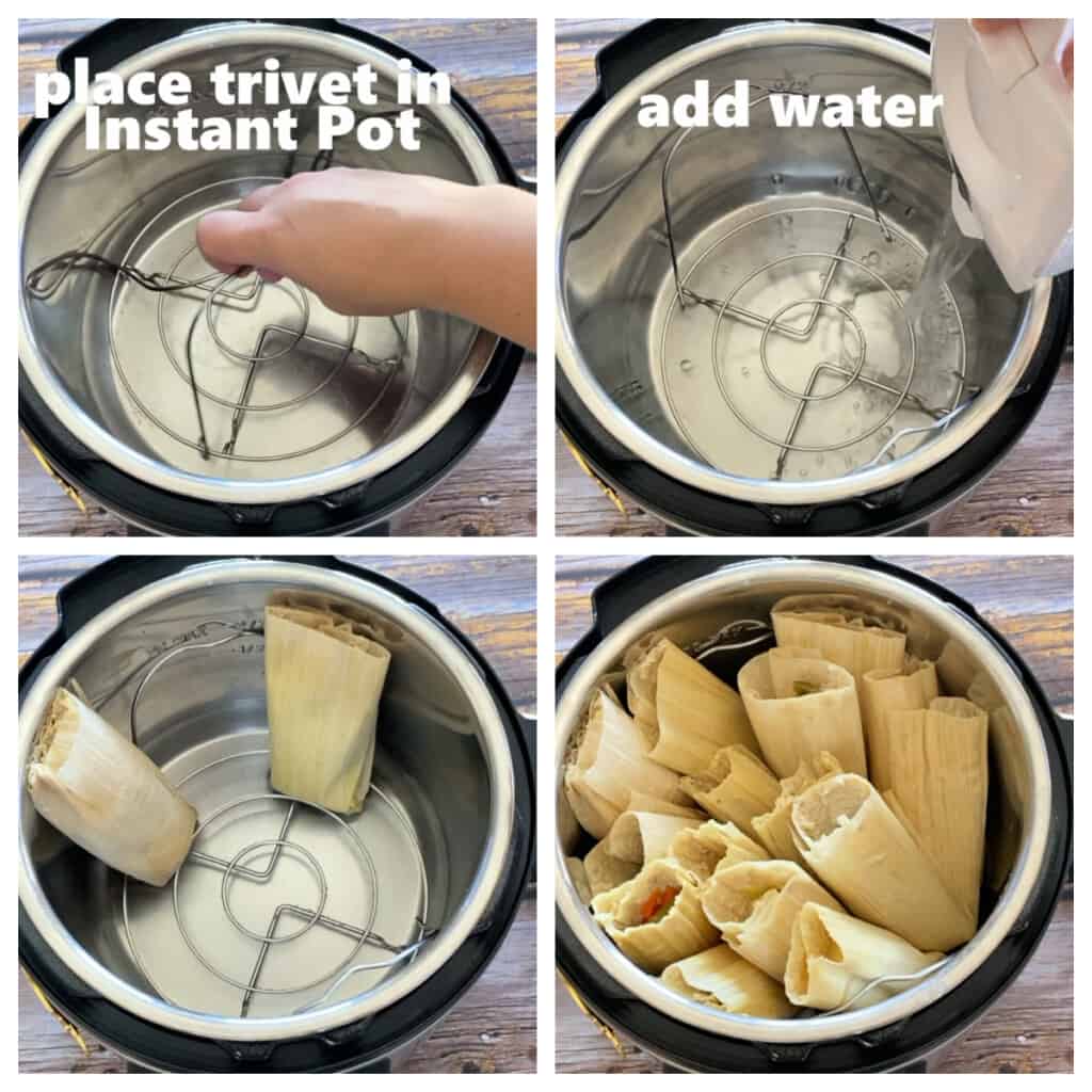 A collage showing how to arrange tamales inside an instant pot.