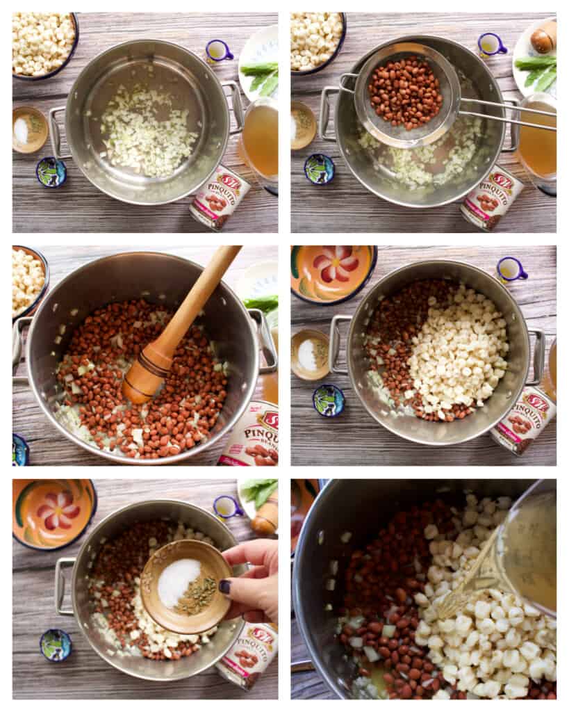 A collage showing how to make bean pozole.