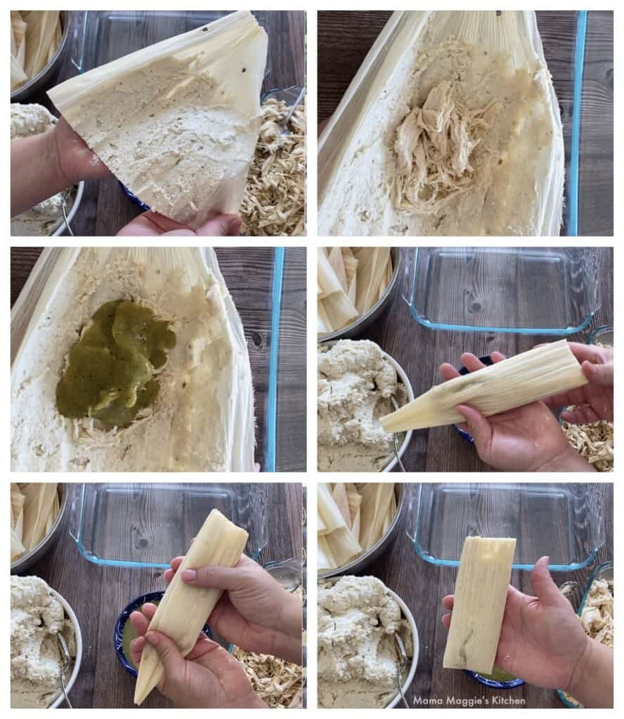A collage showing to assemble chicken tamales.
