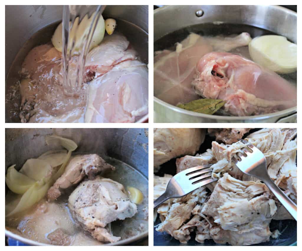 A collage showing how to cook and shred chicken.