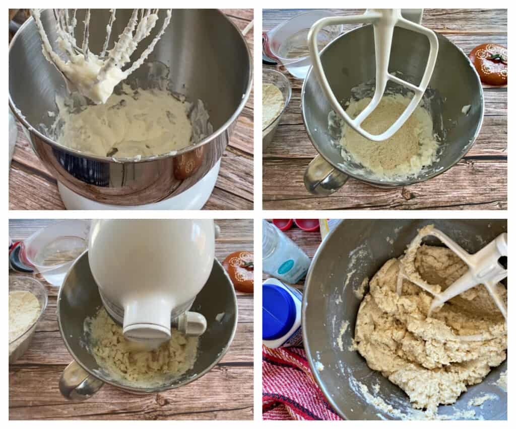 A collage showing how to make masa dough for tamales in a kitchen stand mixer.