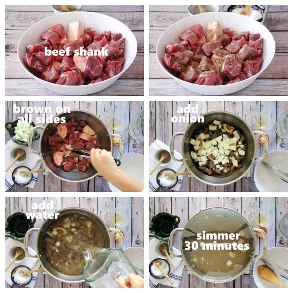 A collage showing how to cook the meat for the beef soup.