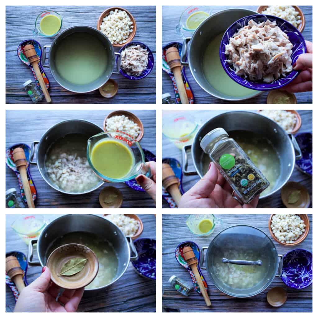 A collage showing how to make chicken pozole verde.