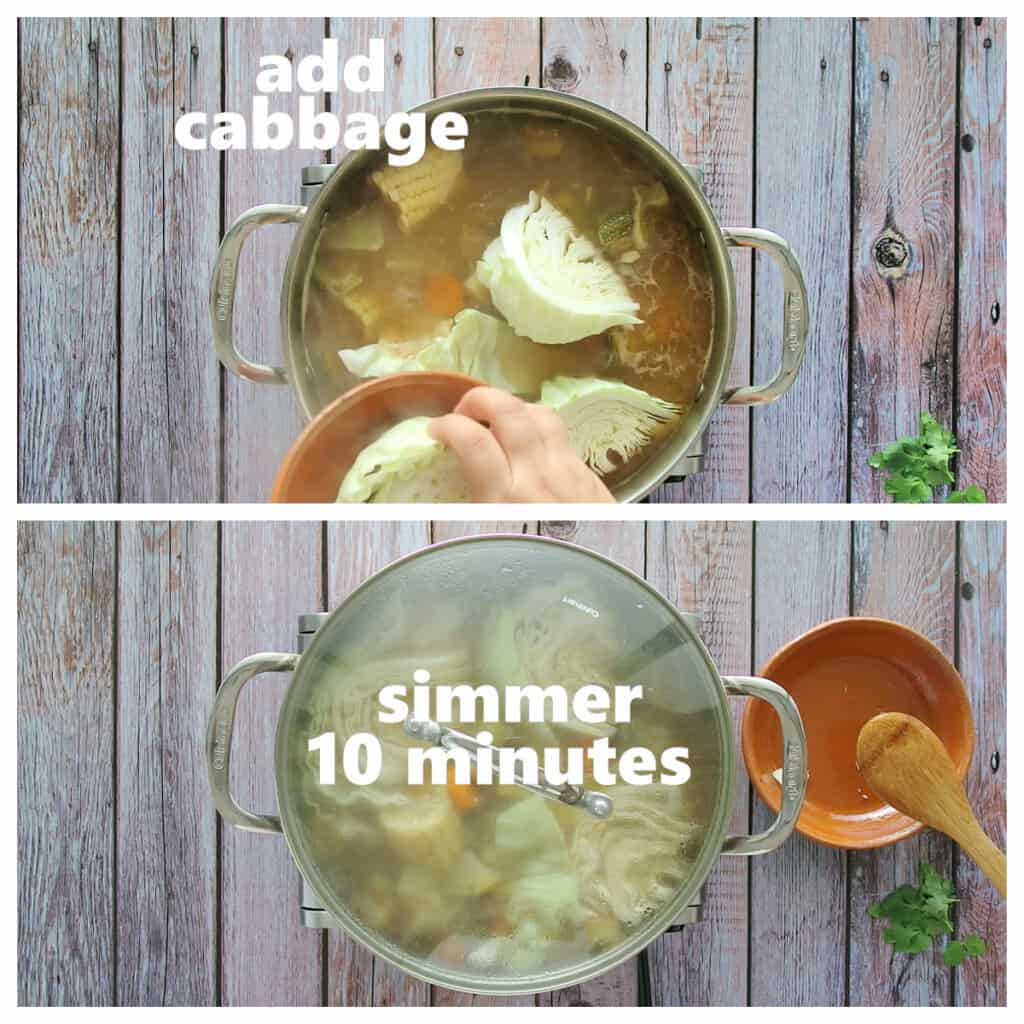 A collage showing when to add the cabbage and for how long.
