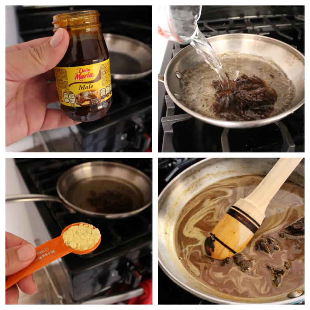 A collage showing how to make the mole sauce in a skillet.