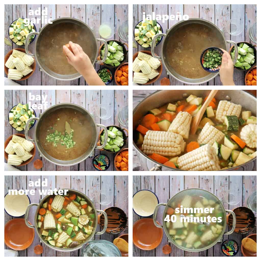 A collage showing when to add all the vegetables to the stock pot for the soup.