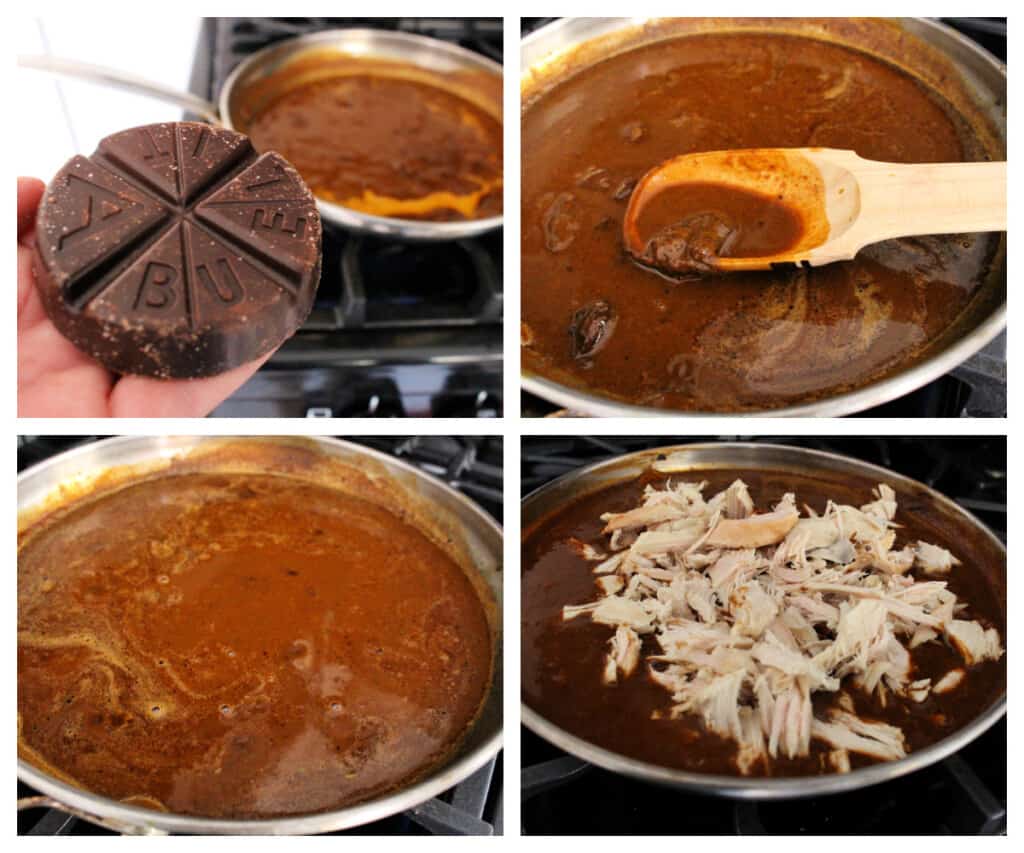A collage showing how to add the turkey to the mole sauce.