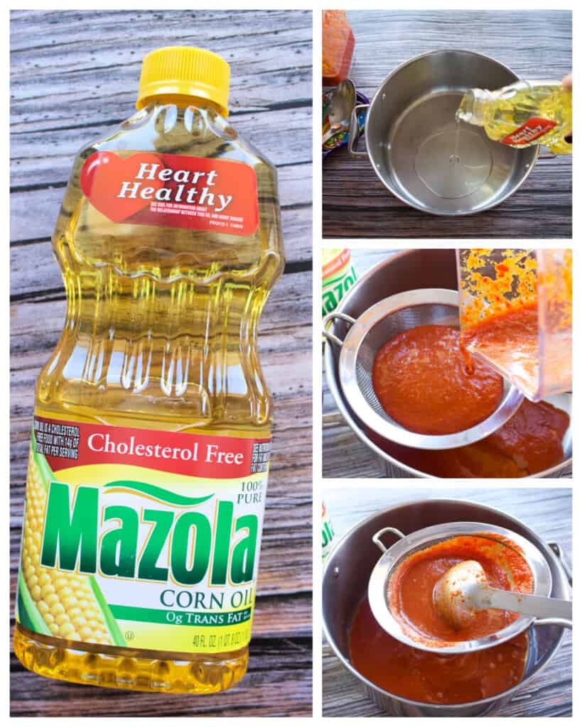 A collage showing how to make and strain the tomato guajillo sauce using Mazola oil