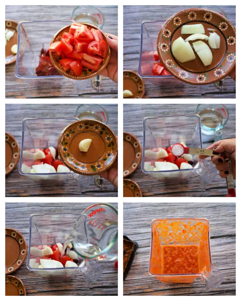 A collage showing how to make tomato guajillo sauce.