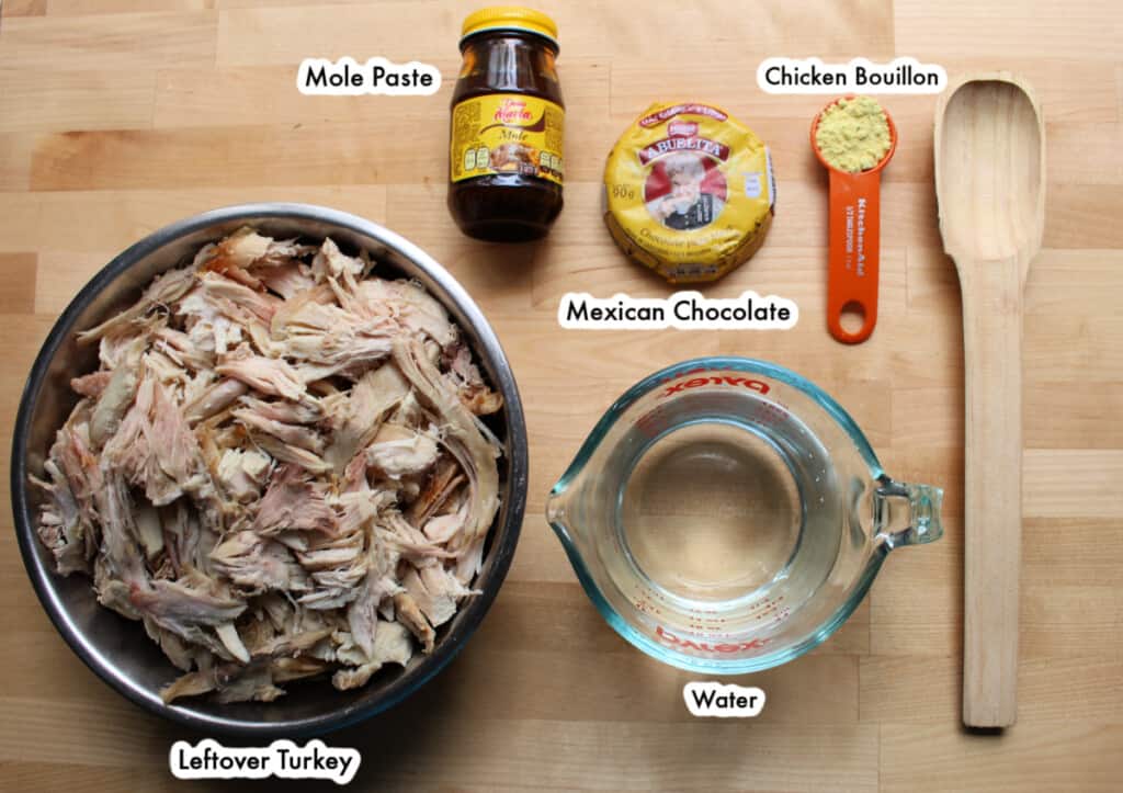 The ingredients necessary to make turkey mole labeled and on a wooden surface.