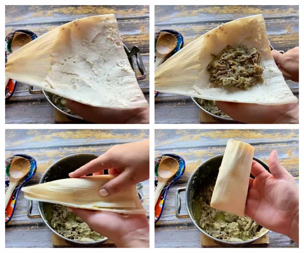 A collage showing how to assemble pork tamales.