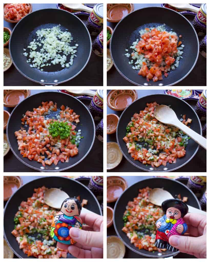 A collage showing how to make the filling for black bean chile rellenos.