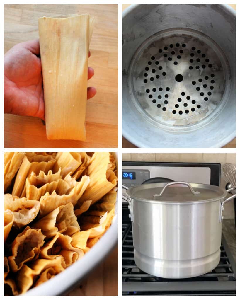 A collage showing how to steam tamales in a steamer pot.