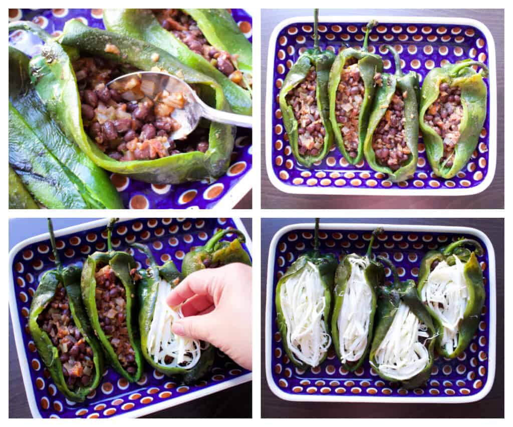 A collage showing how to add the filling to the poblano peppers.