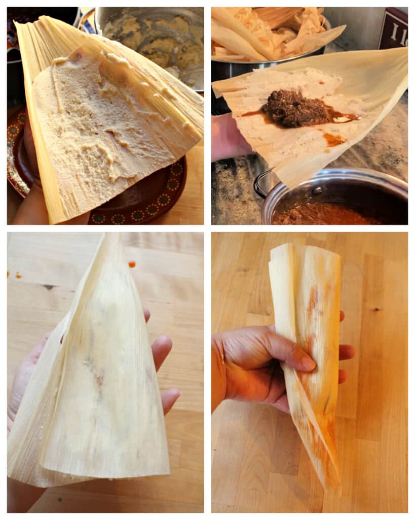 A collage showing how to assemble tamales.