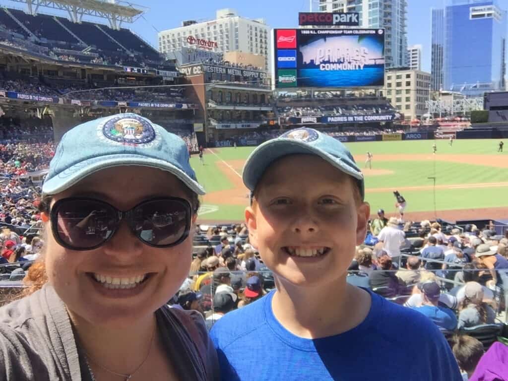 A picture of Maggie Unzueta and her son at Petco Park.
