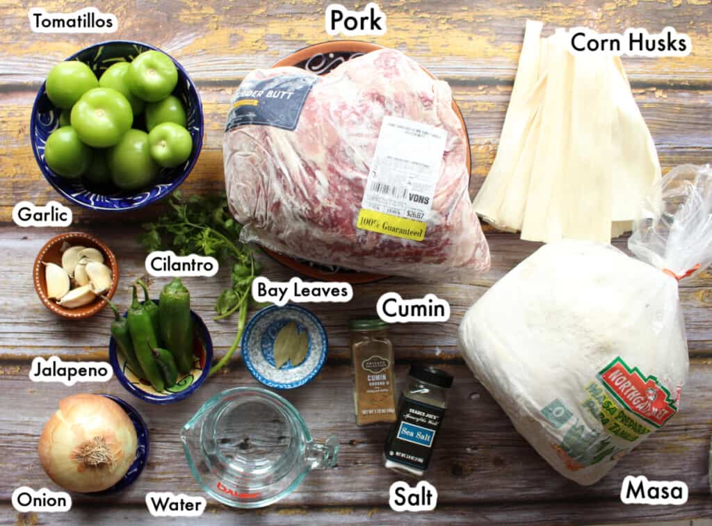 A picture showing the ingredients need to make Pork Salsa Verde Tamales.