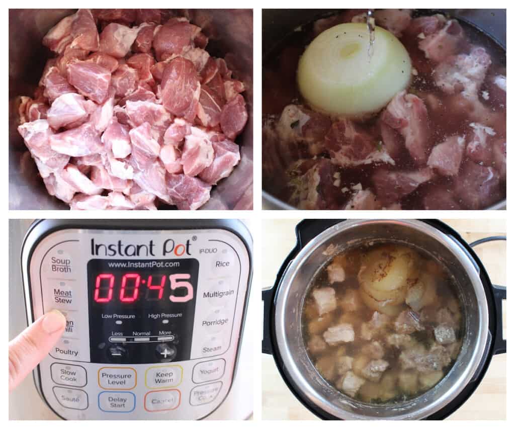 A collage showing how to cook pork int the instant pot.
