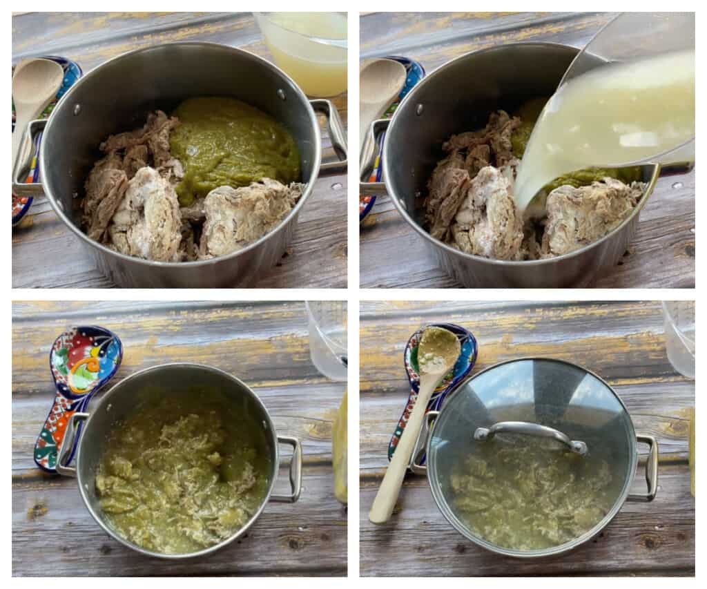 A collage showing how to make the pork filling for the tamales.