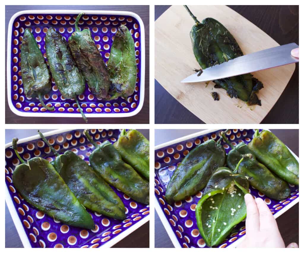 A collage showing how to roast and peel poblano peppers.