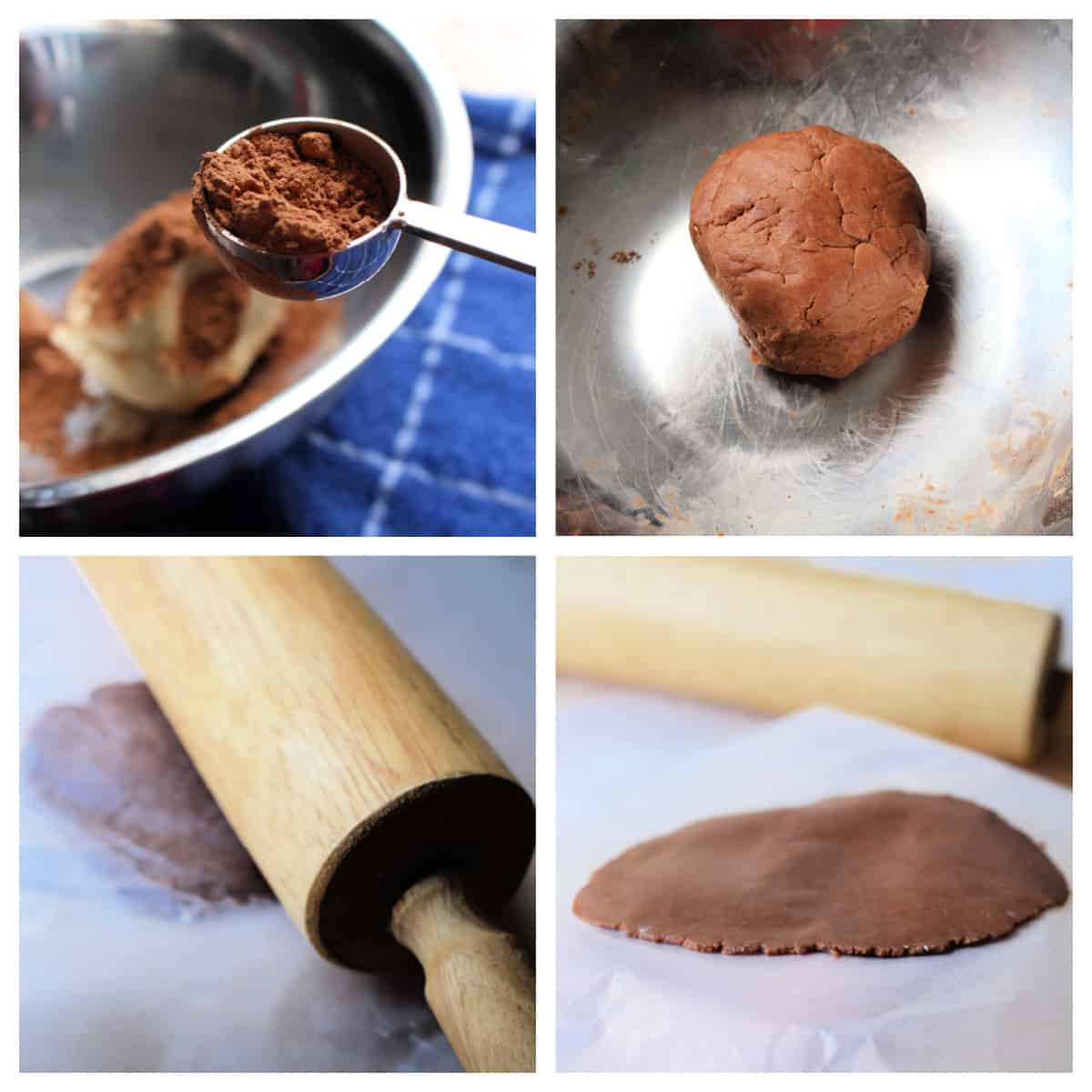 A collage showing how to making and roll out chocolate conchas.