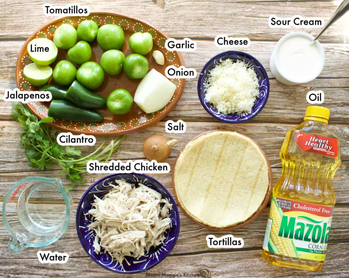 A picture of the ingredients needed to make Enchiladas Suizas.