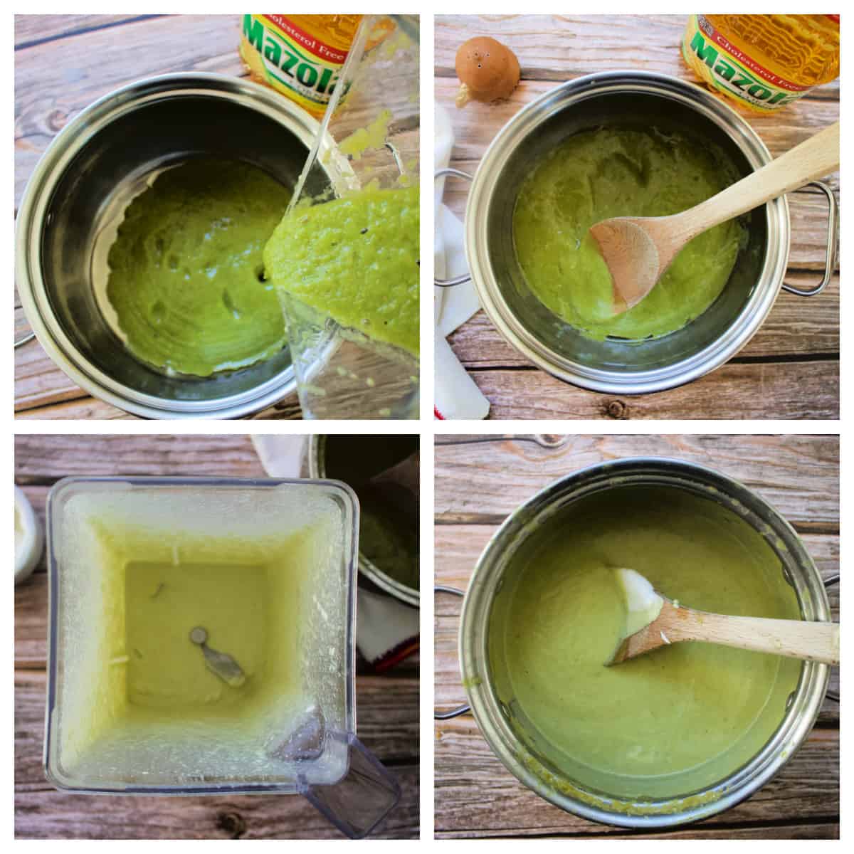 A collage showing how to make the creamy green salsa.