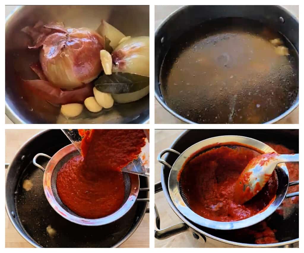 A collage showing how to assemble menudo.