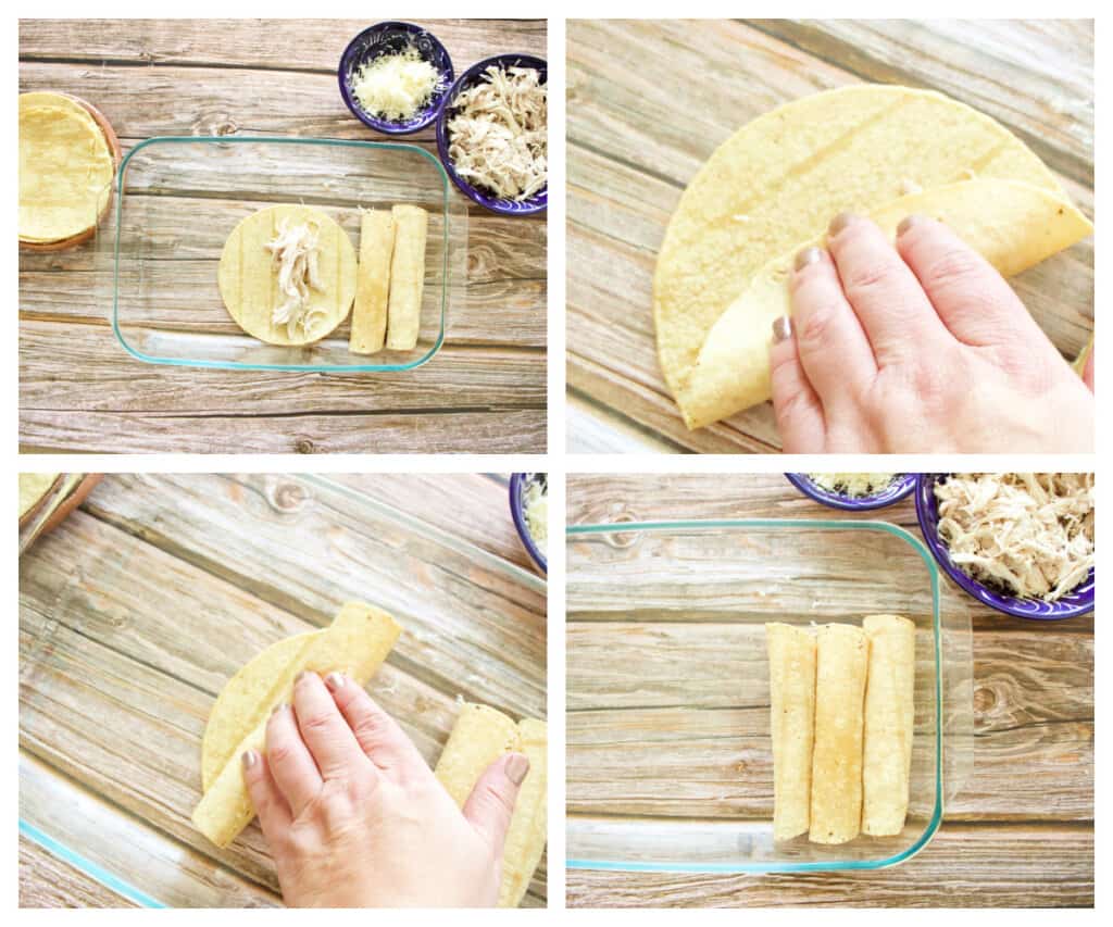 A collage showing how to roll the enchiladas.