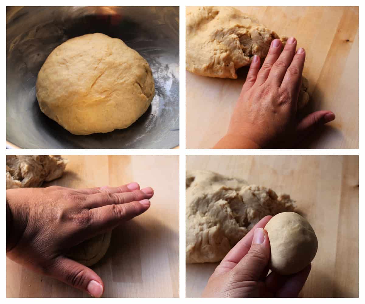 A hand forming the individual dough balls.