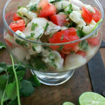 Fish ceviche served in a glass bowl.