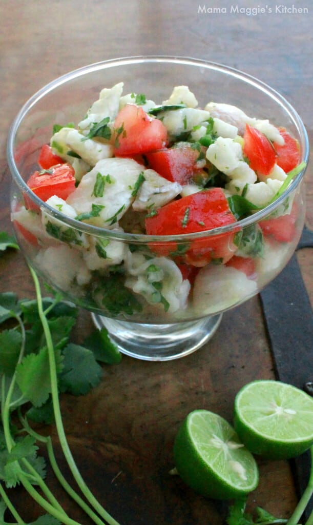 Fish ceviche served in a glass bowl