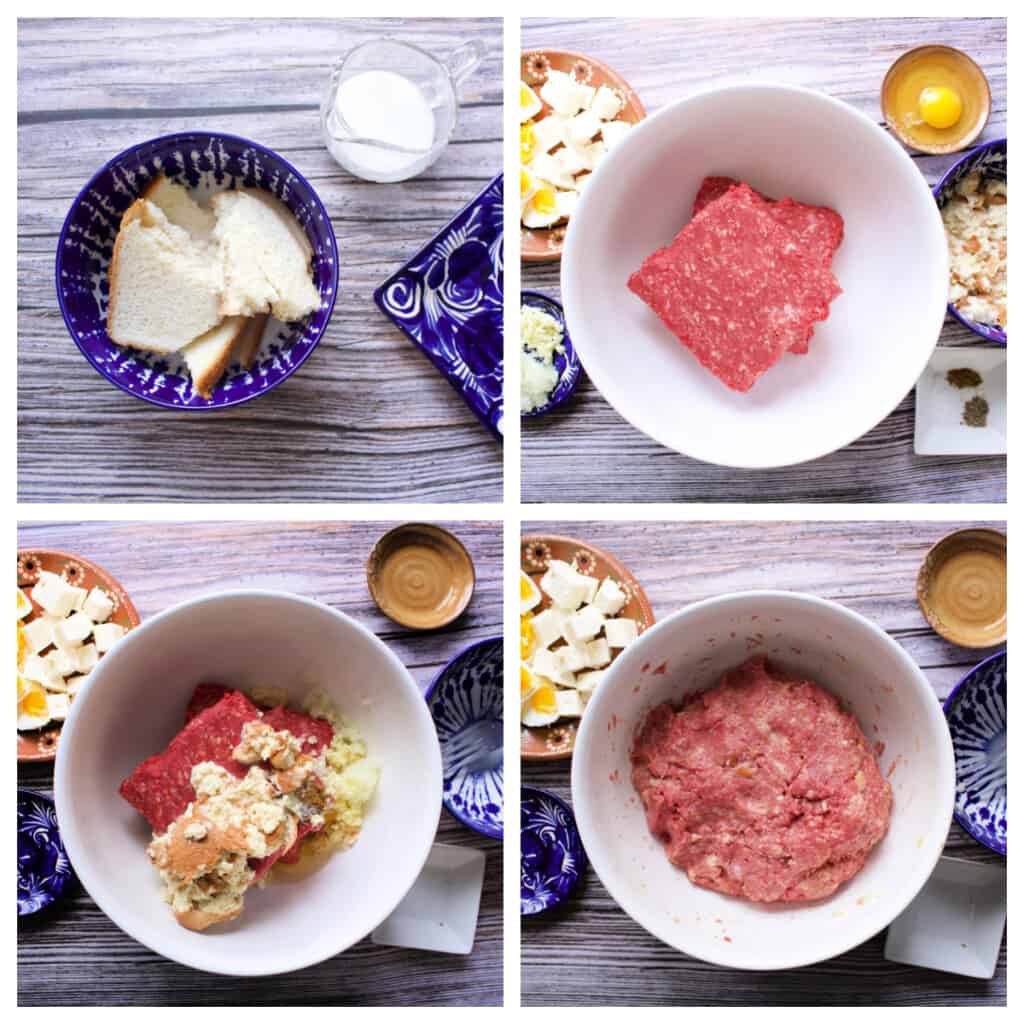 A collage showing how to make the meat mixture for the albondigas.