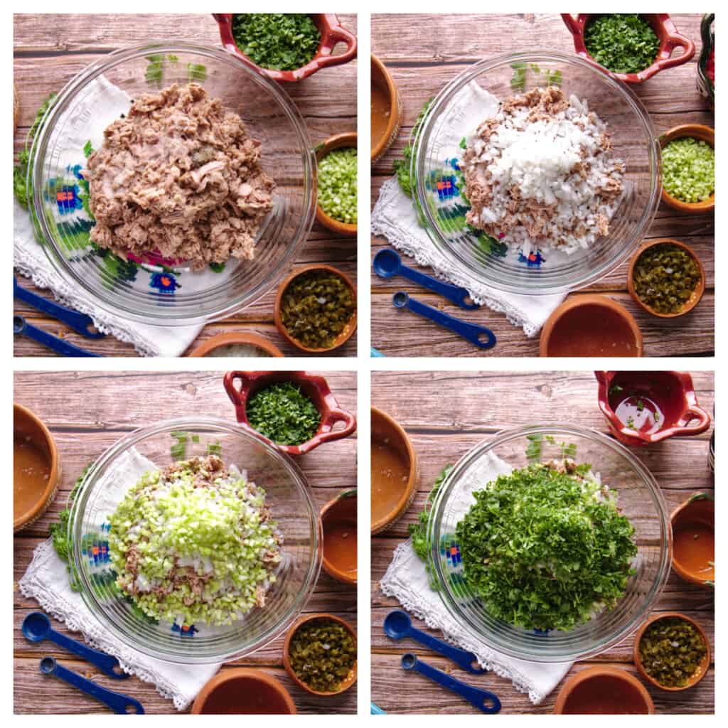 A collage showing how to make Mexican Tuna Salad.
