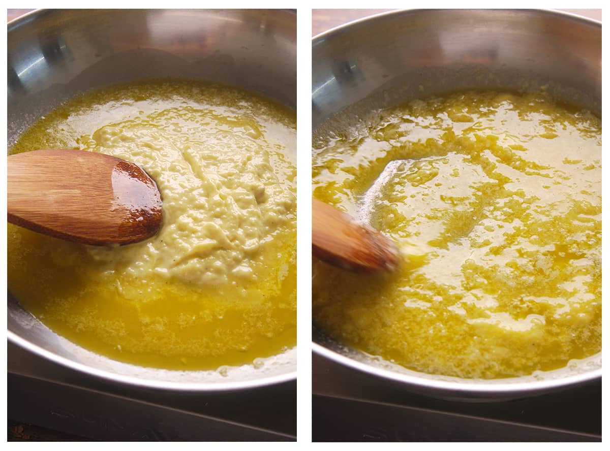 Melted butter, garlic and pepper sauce in a pan on the stove