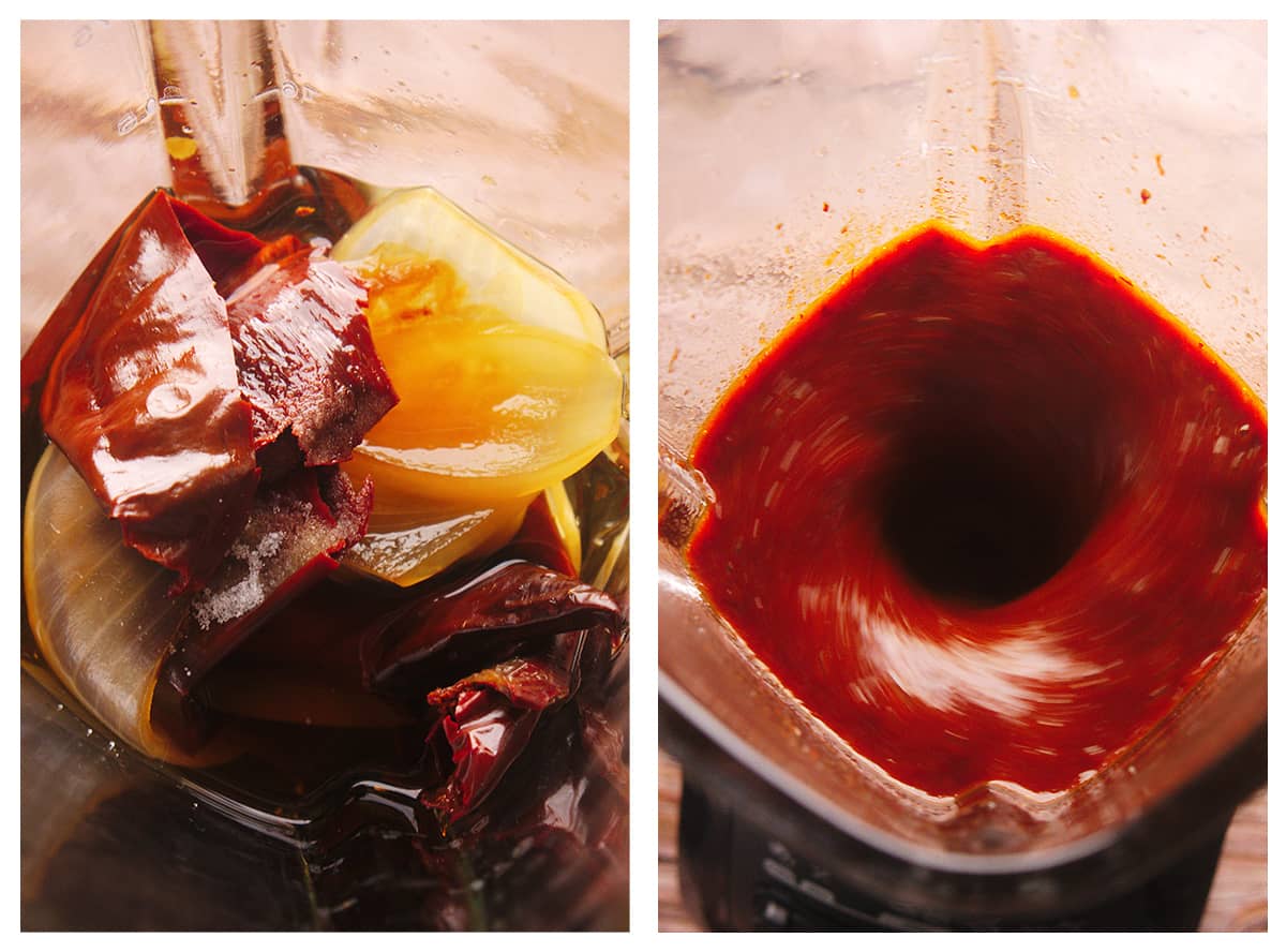 Collage of images showing how to make the pambazo guajillo sauce