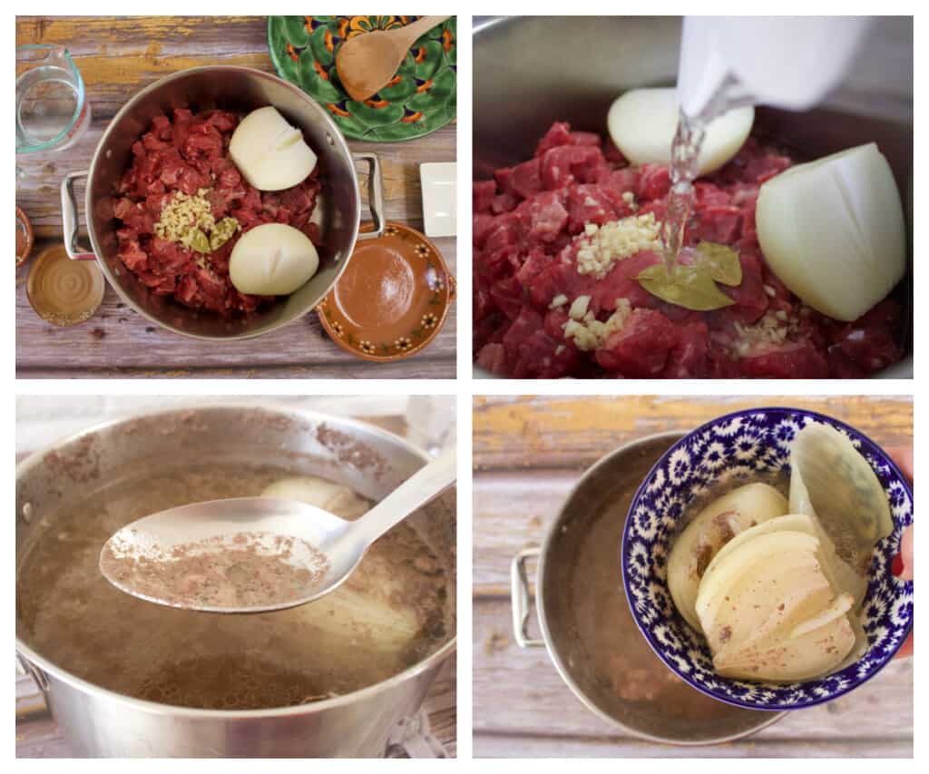 A collage showing how to cook the beef for the the pozole.