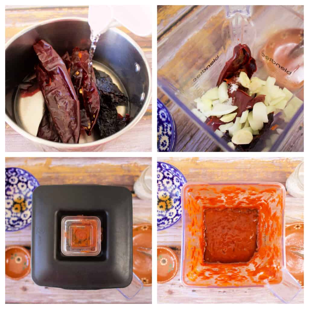 A collage showing how to make the guajillo sauce for the pozole de res.