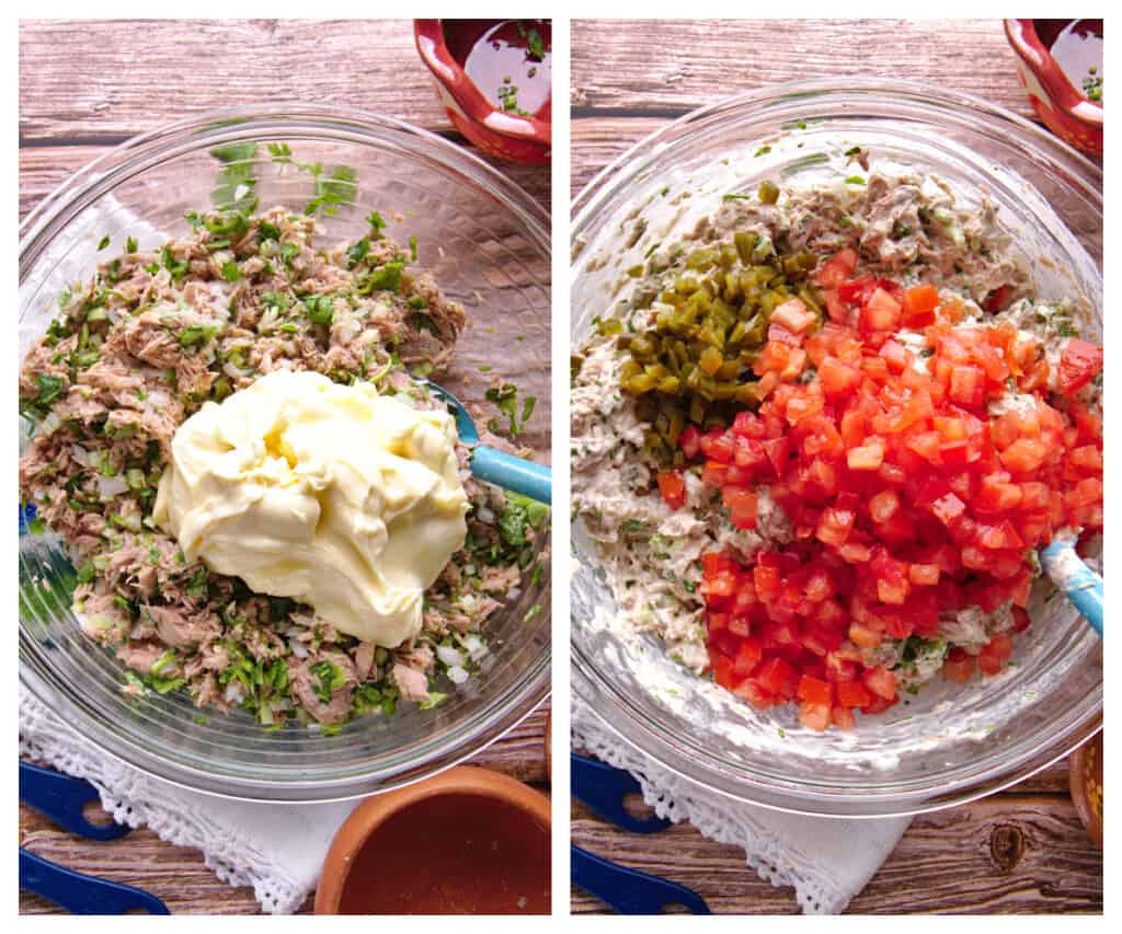 A collage showing how to make Ensalada de Atún in a glass bowl.