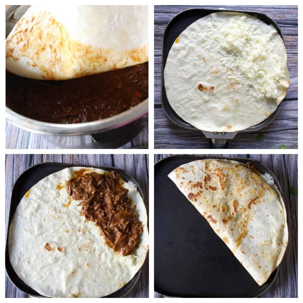 A collage showing how to assemble the beef birria quesadilla on a skillet.